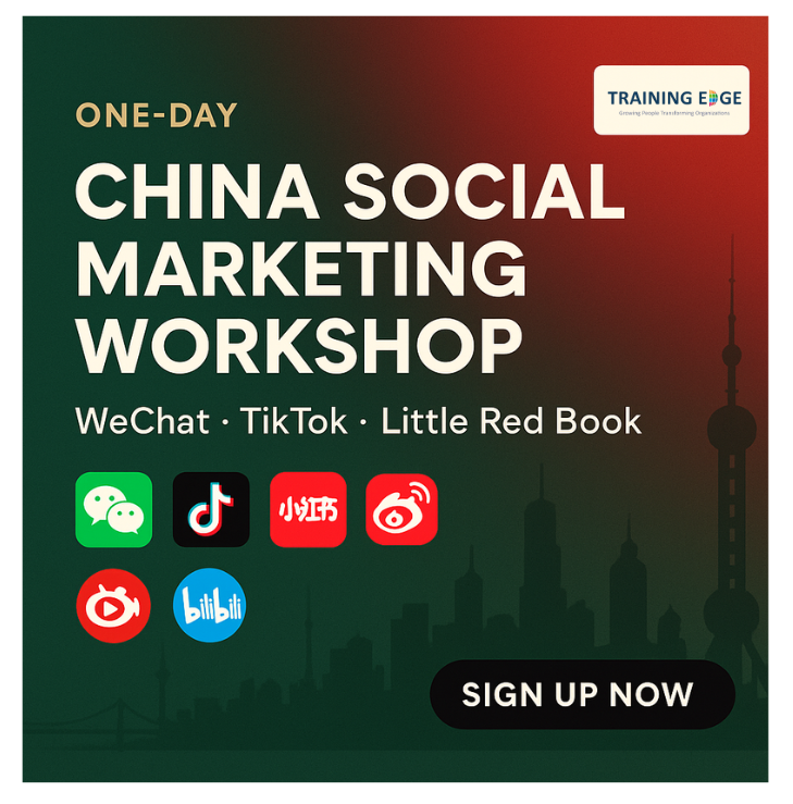 One-day China social marketing workshop flyer with WeChat, TikTok, Xiaohongshu, Weibo, Bilibili icons over Shanghai skyline