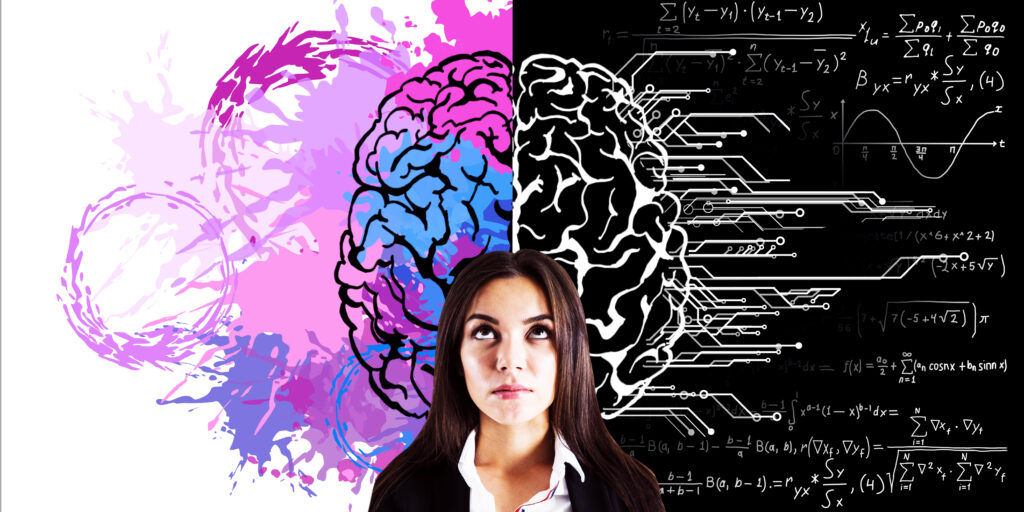 Colorful brain illustration showing four color types representing different thinking styles: green, blue, red, and purple.